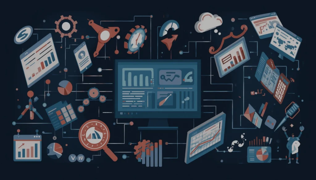 Illustration d'un tableau de bord CRM entouré de graphiques, d'écrans et d'outils de gestion pour PME