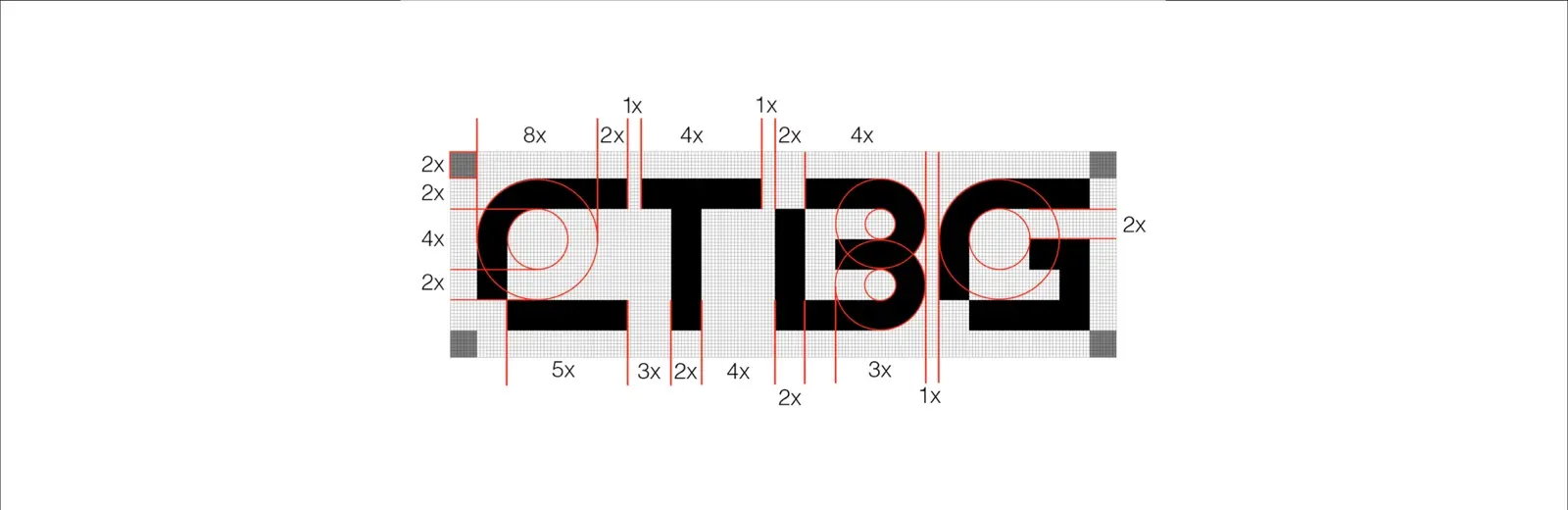 Le logotype CTBG dessiné sur une grille de rectangles et de carrés