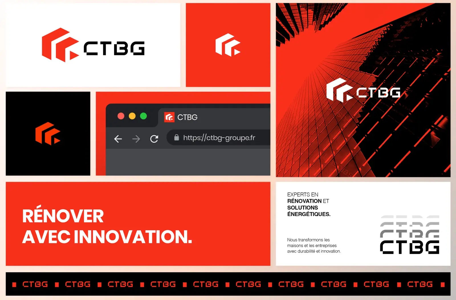 Planche de la refonte d’identité visuelle de CTBG : logo, symbole, favicon, signature et bandeau sur fond rouge-orange
