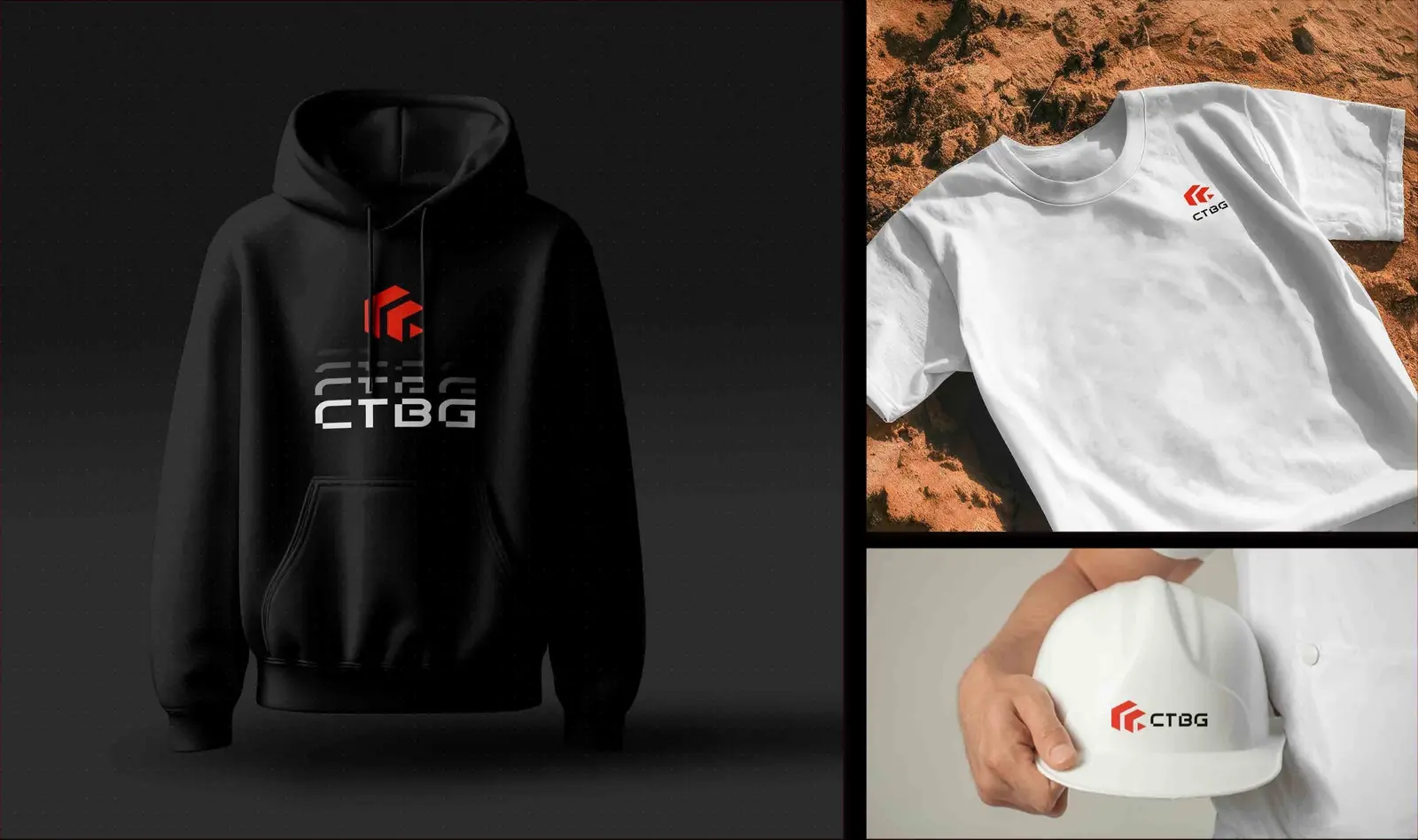 Maquette : sweat noir, t-shirt blanc et casque de chantier avec le nouveau logo CTBG