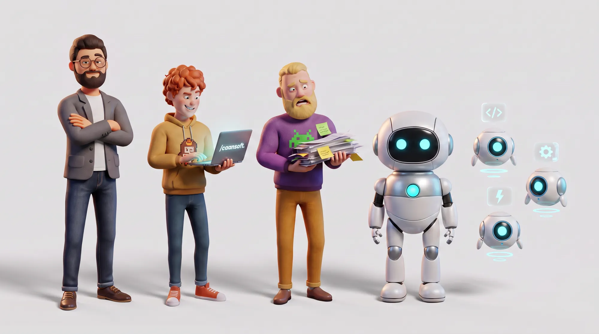 L’équipe Caansoft réunie avec les robots agents IA : intelligence humaine et intelligence artificielle