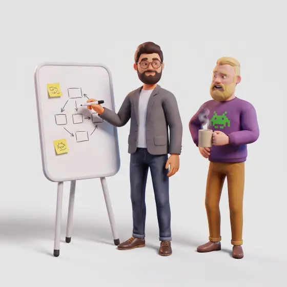 Le chef de projet Caansoft définit la stratégie avec un dirigeant de PME au tableau blanc